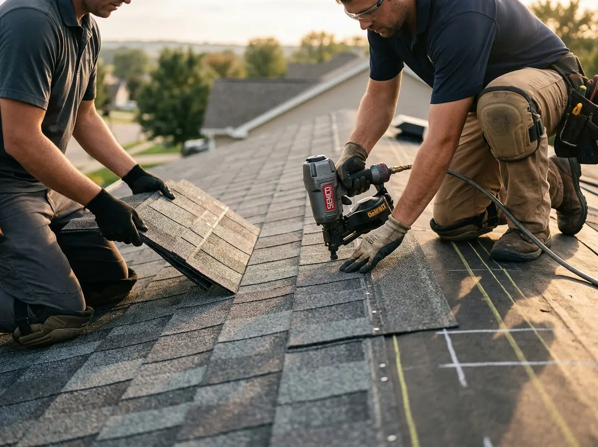 Professional roofer working on a residential roof in Altus